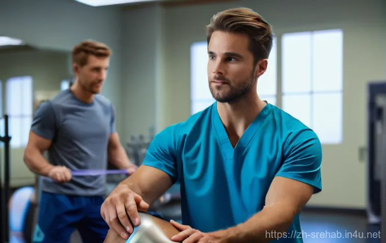 스포츠재활과 운동처방의 차이 - A determined young man in his late 20s, with short, neatly combed brown hair, is diligently performi...