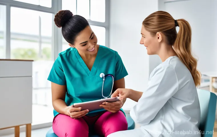 스포츠재활 분야의 여성 전문가 성공 사례 - **Prompt:** A warm and compassionate female rehabilitation expert, in her late 30s, with a kind and ...